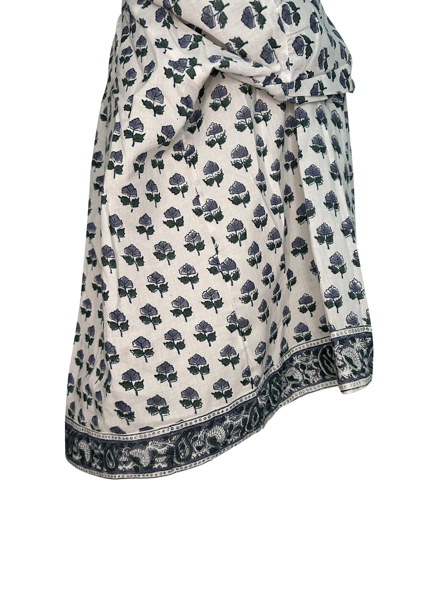RETIRING ~ V-Neck Small Block Print Floral Print Blouse with Tassels - Neutral Blue & Green