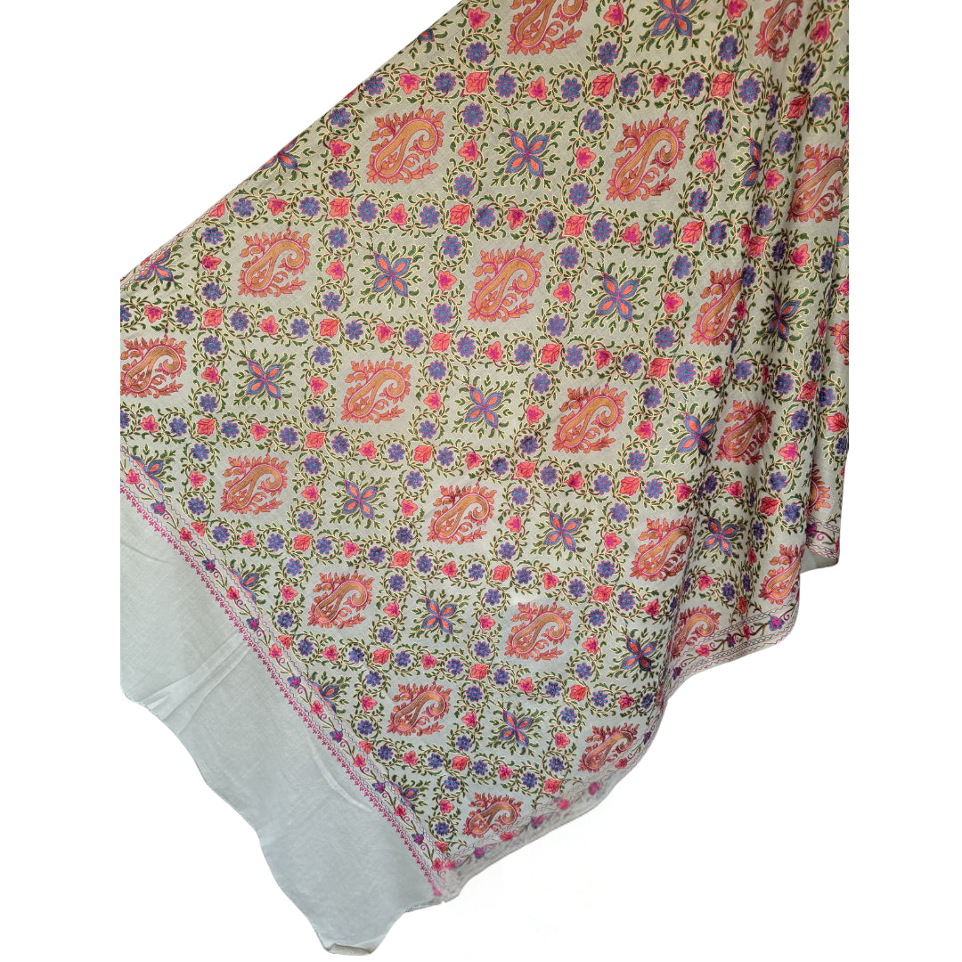 Beige Embroidered Sonzi with Pink, Purple, Blue, Orange & Green Floral Pashmina Shawl