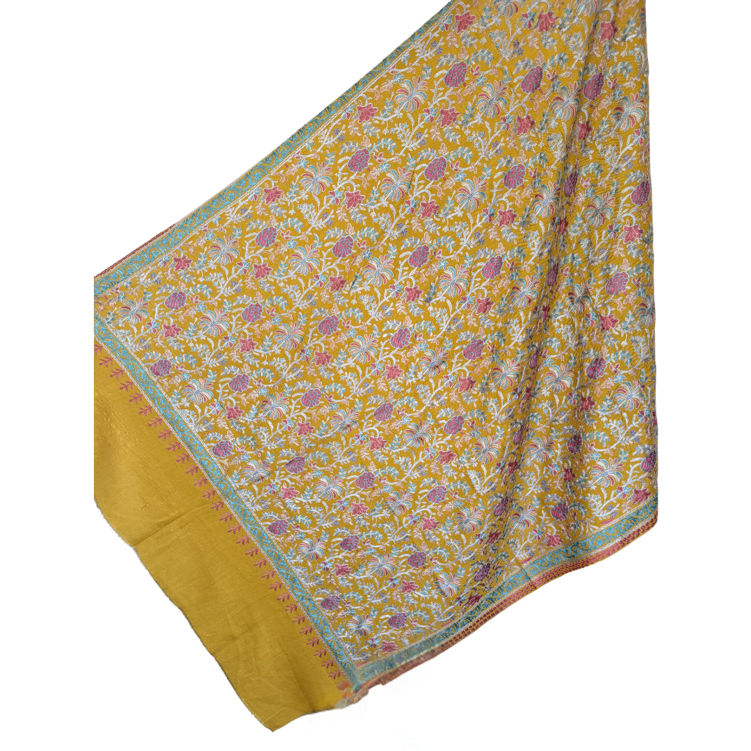 Embroidered Sonzi Mustard, Pink, Blue, & Silver Pashmina Shawl