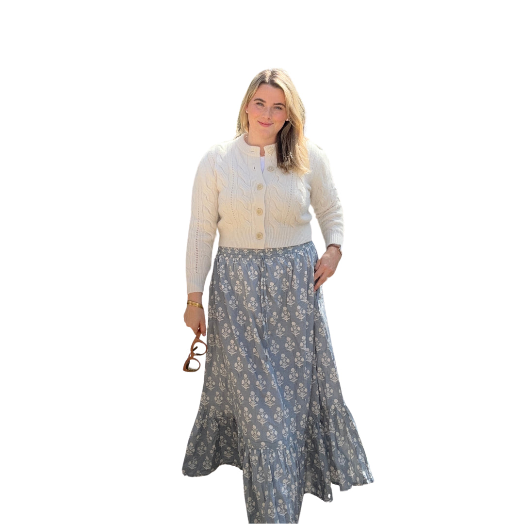 One Tier Maxi Skirt With Pockets and Drawstring - Block Print Blue (Sky) Floral