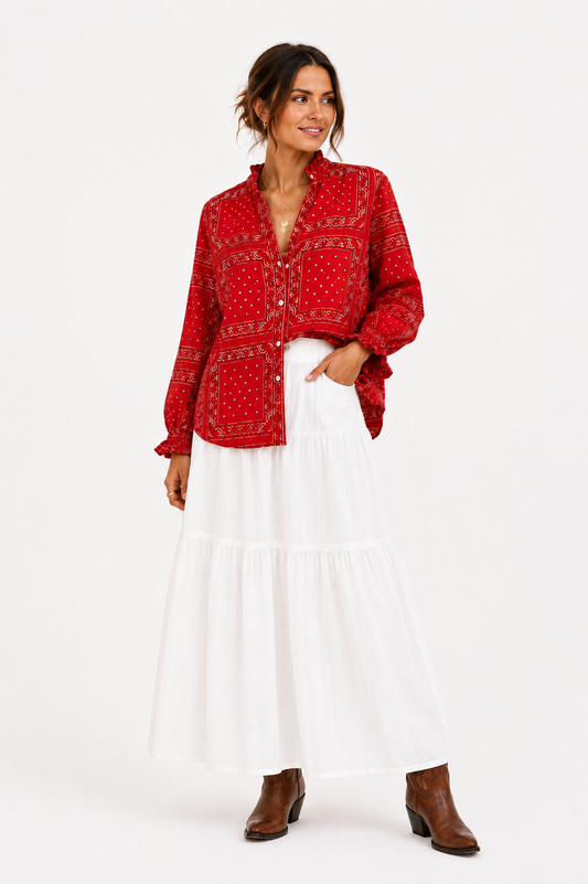 The Round Top Boyfriend Blouse in Red — detail