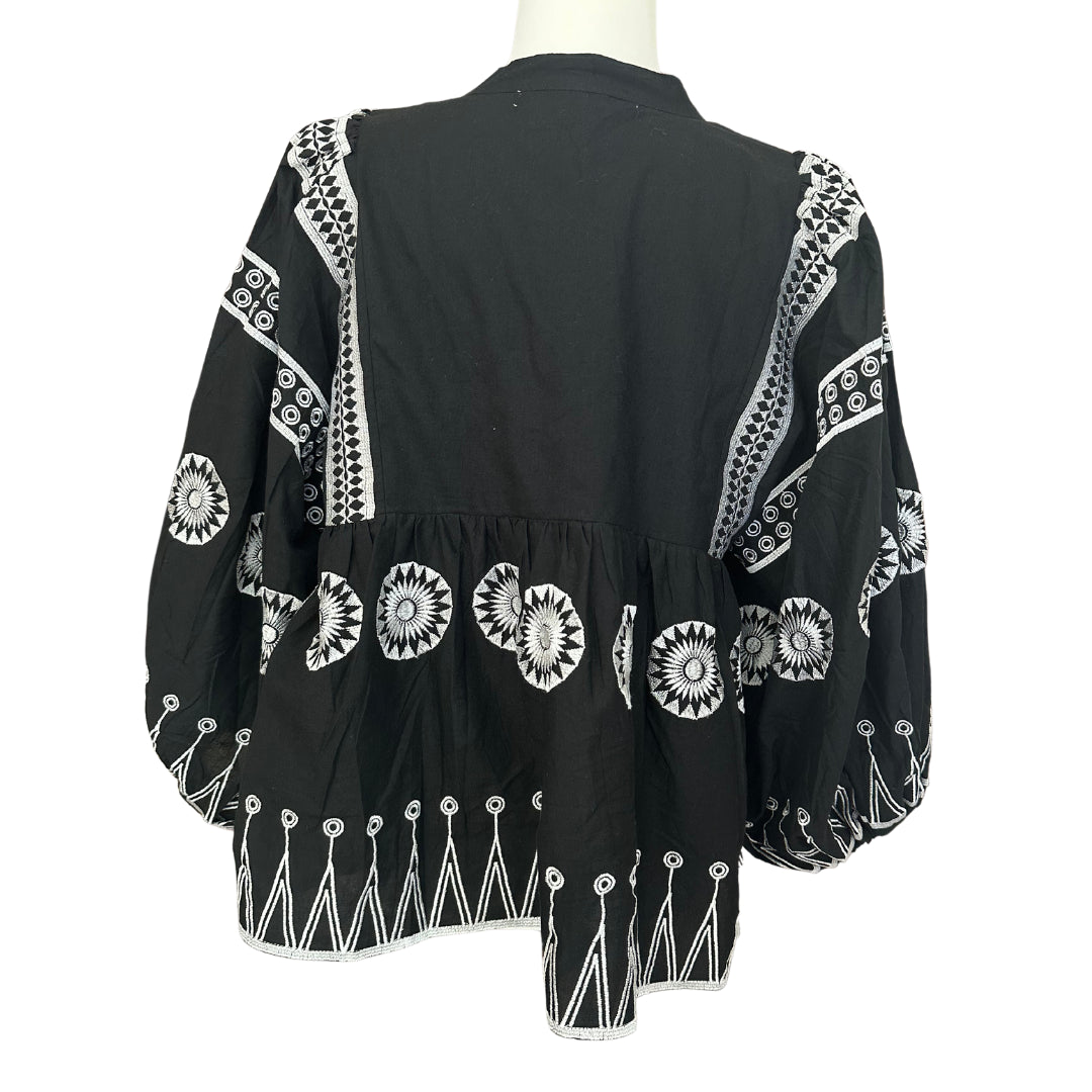 Black Embroidered Ballon Sleeve Blouse