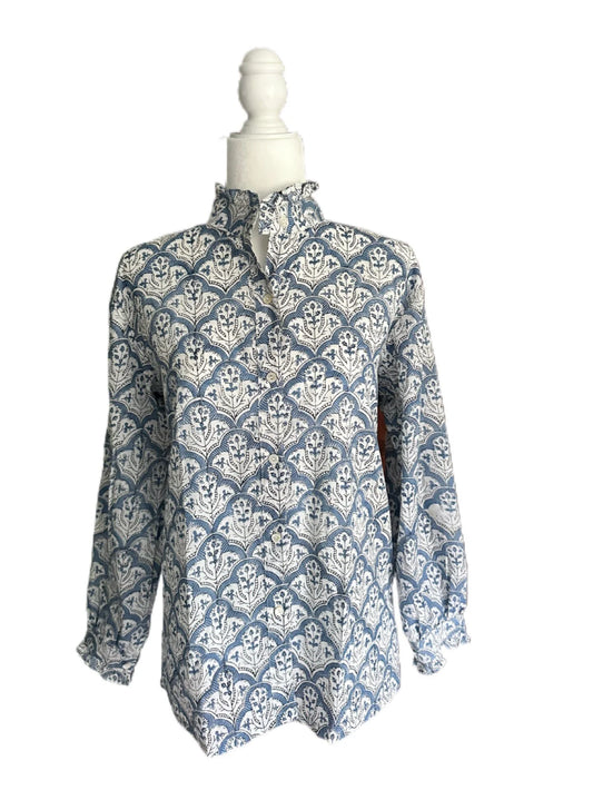 Blue & White Medallion Women's Floral Block Print Ruffle Collared Button Down Blouse