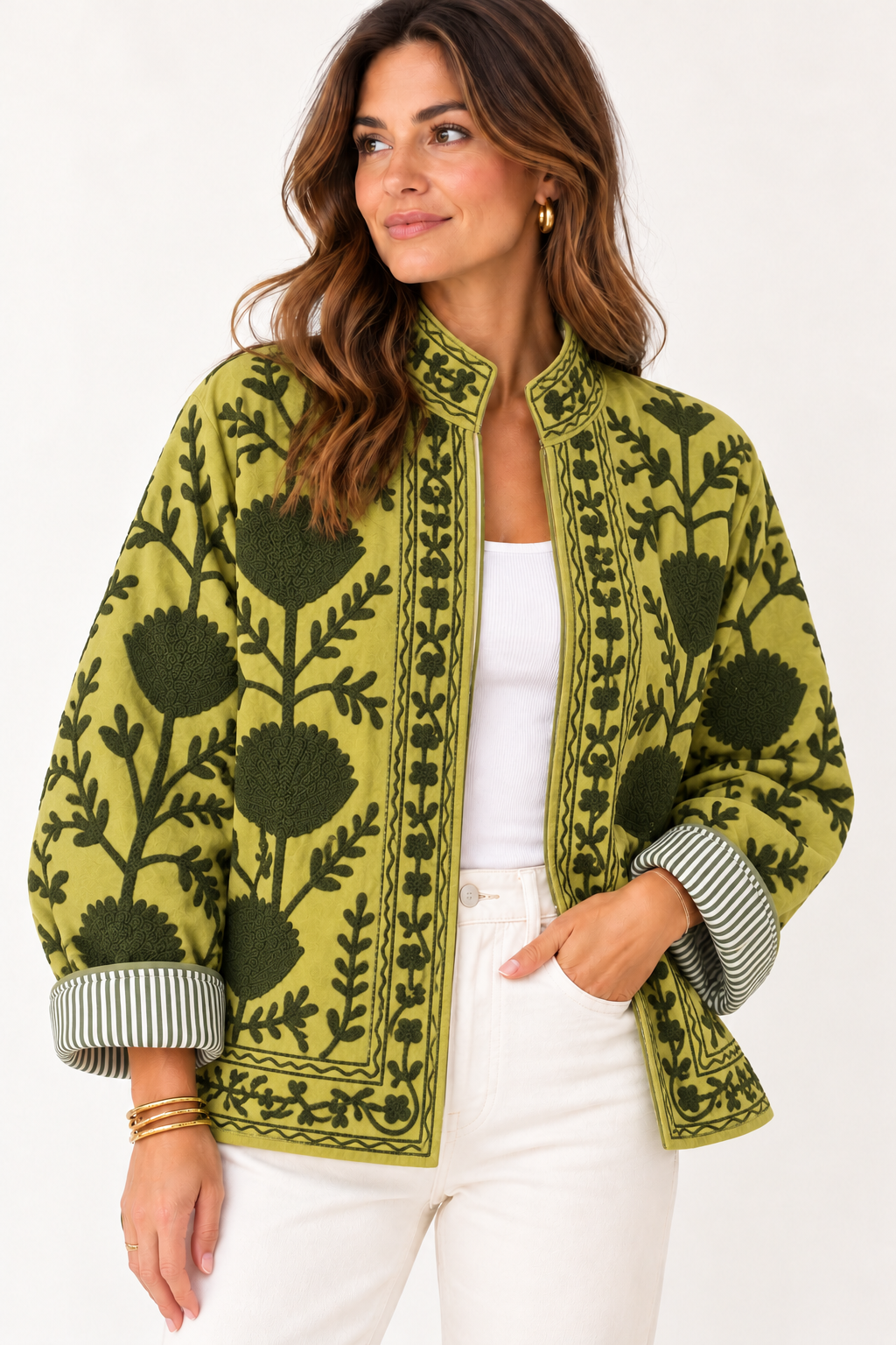 Chartreuse Hand-Embroidered Suzani Jacket | Artisan Floral Jacket
