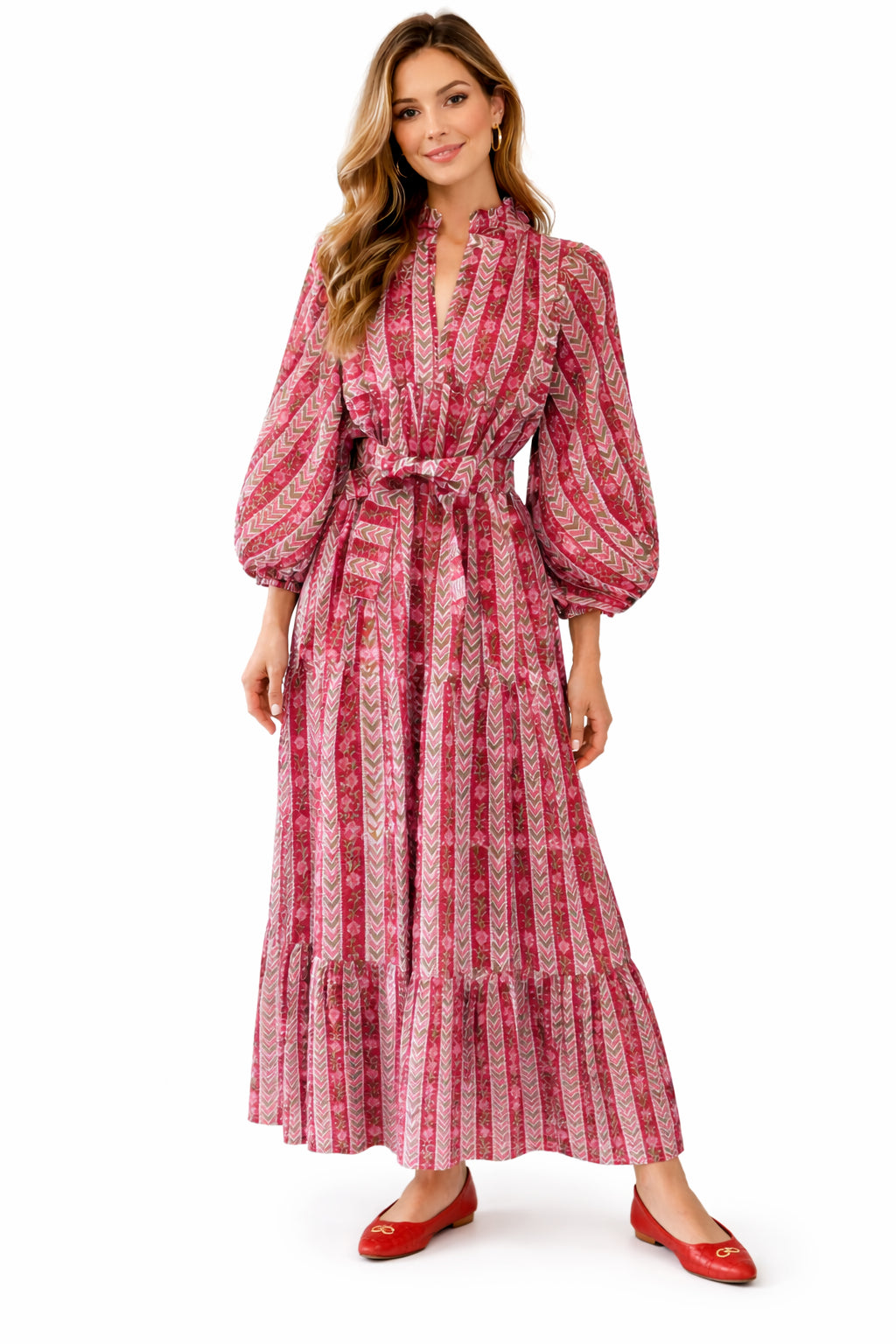 Pink, Red & Green Puff Sleeve House Dress, Maxi with Pockets