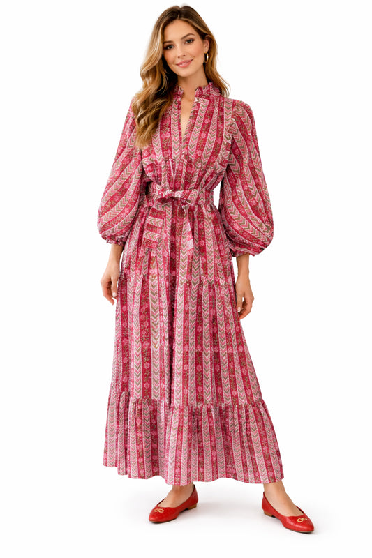 Pink, Red & Green Puff Sleeve House Dress, Maxi with Pockets