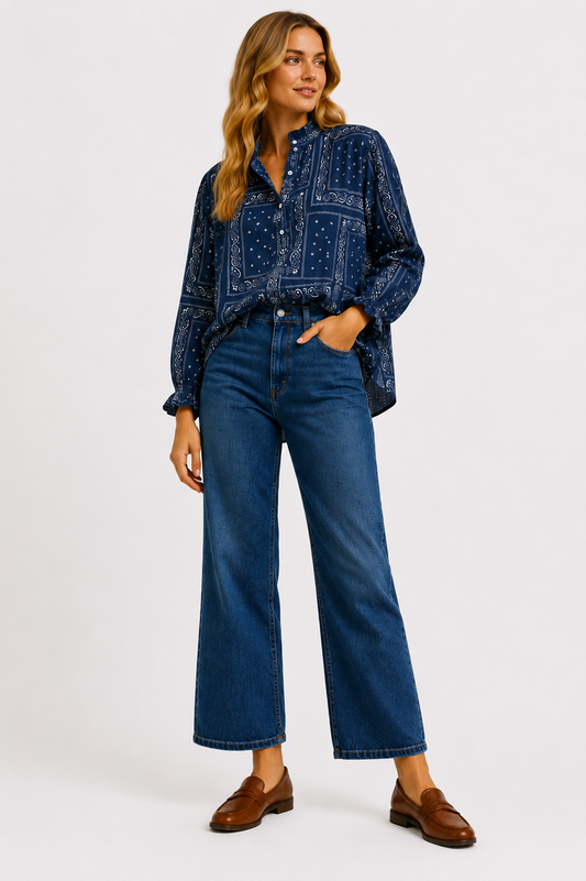 The Round Top Boyfriend Blouse in Navy — detail