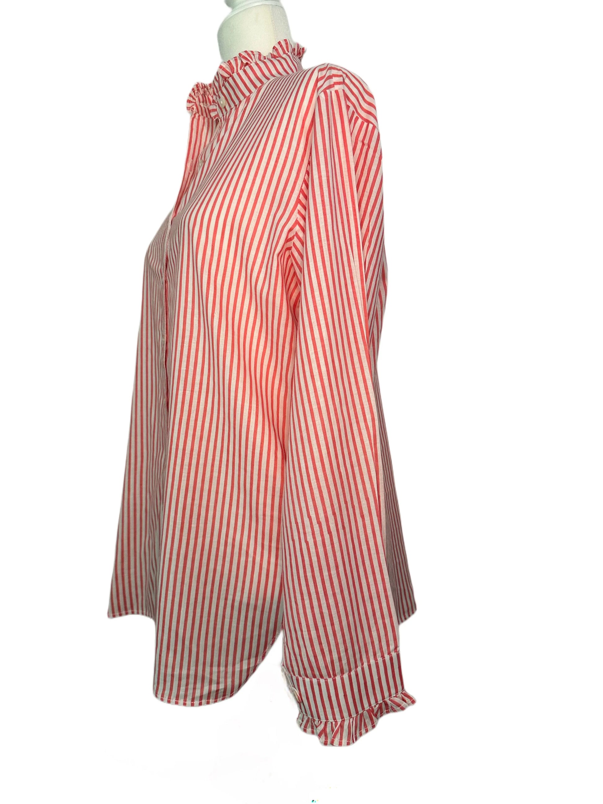 Pink & White Striped Women's Block Print Ruffle Collared Button Down Blouse