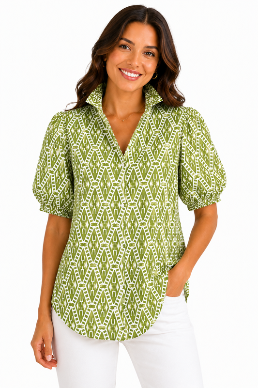 Isla Ruffle Puff Sleeve Blouse - Green