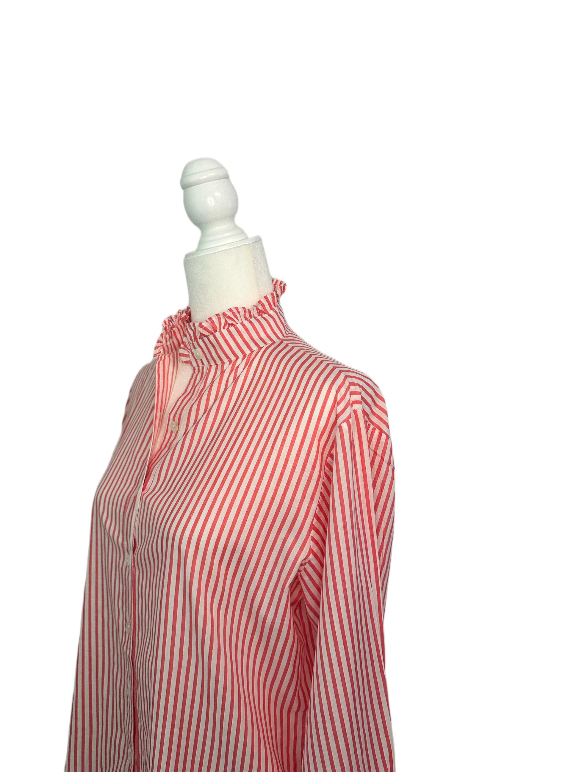 Pink & White Striped Women's Block Print Ruffle Collared Button Down Blouse