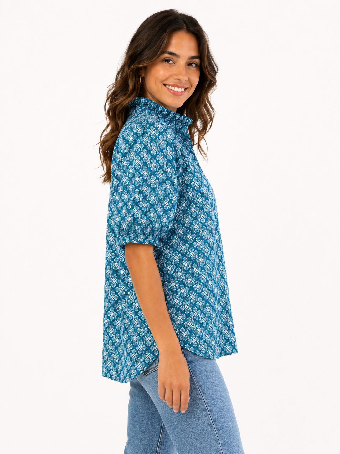 Isla Ruffle Puff Sleeve Blouse - Blue
