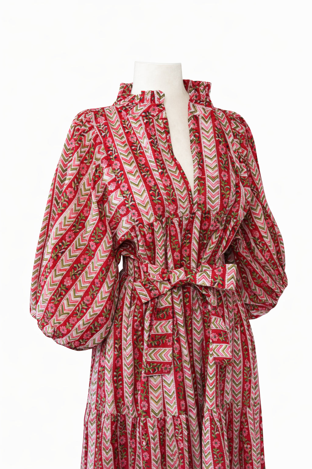 Pink, Red & Green Puff Sleeve House Dress, Maxi with Pockets