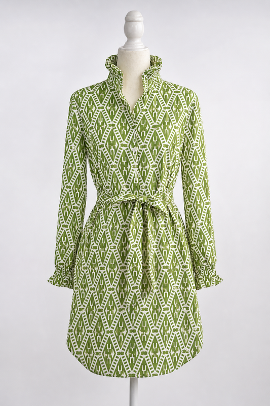 The Classic Every Day Ruffle Shirt Dress w Optional Belt - Green