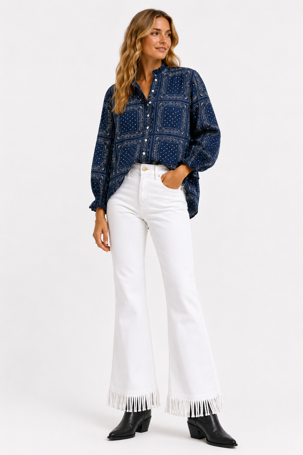 The Round Top Boyfriend Blouse in Navy — front