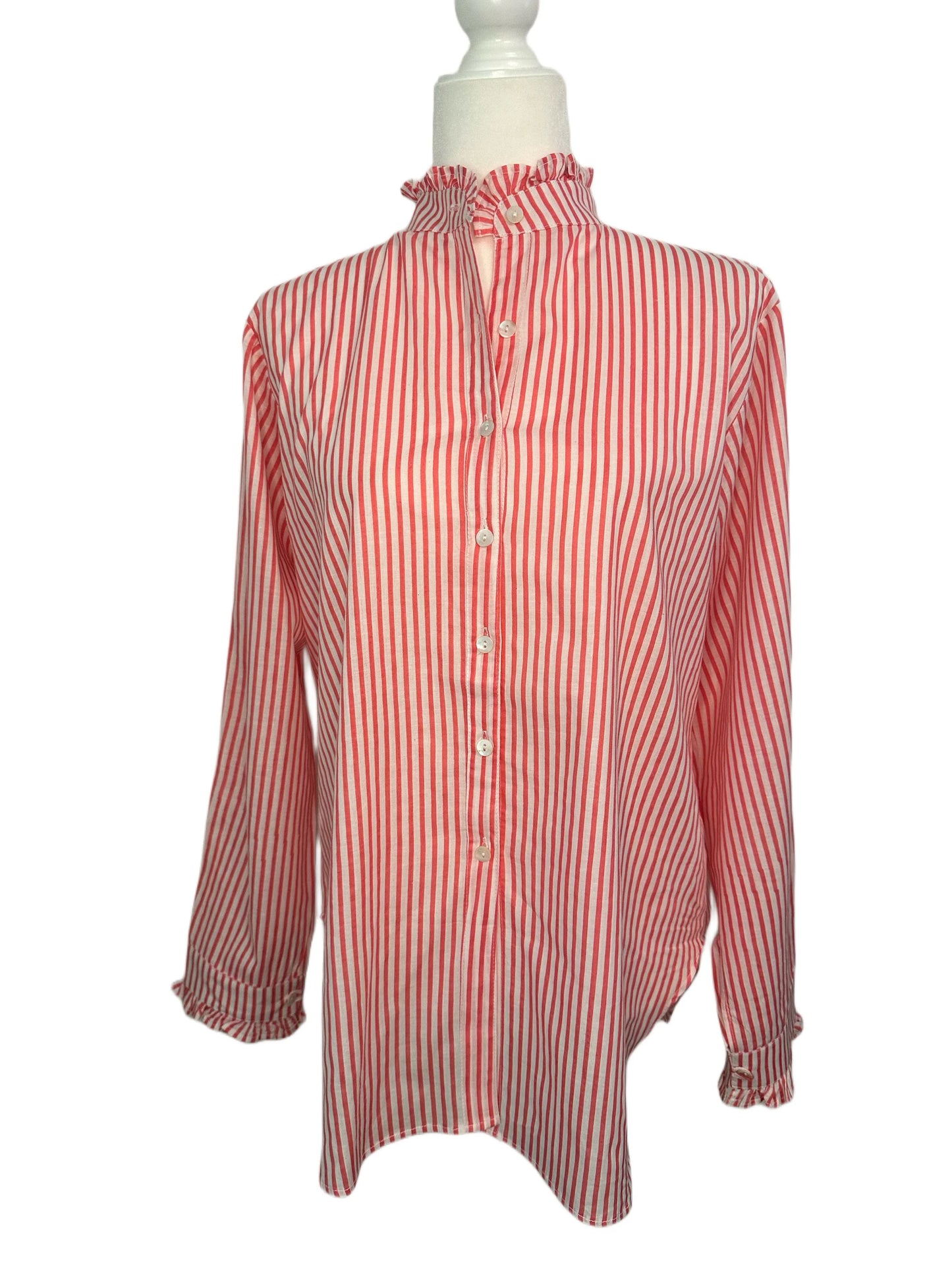 Pink & White Striped Women's Block Print Ruffle Collared Button Down Blouse