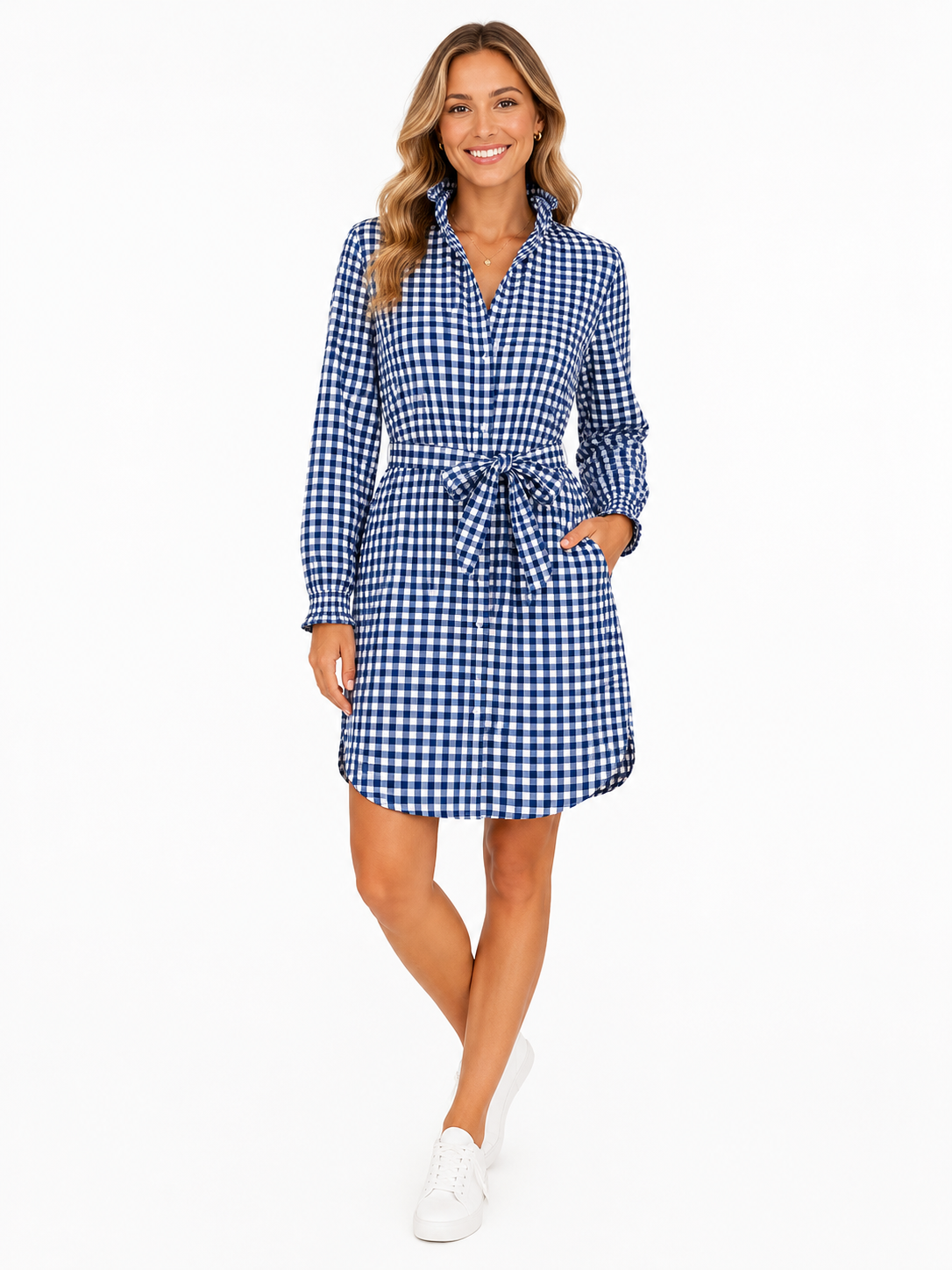 The Classic Every Day Ruffle Shirt Dress w Optional Belt - Blue Gingham