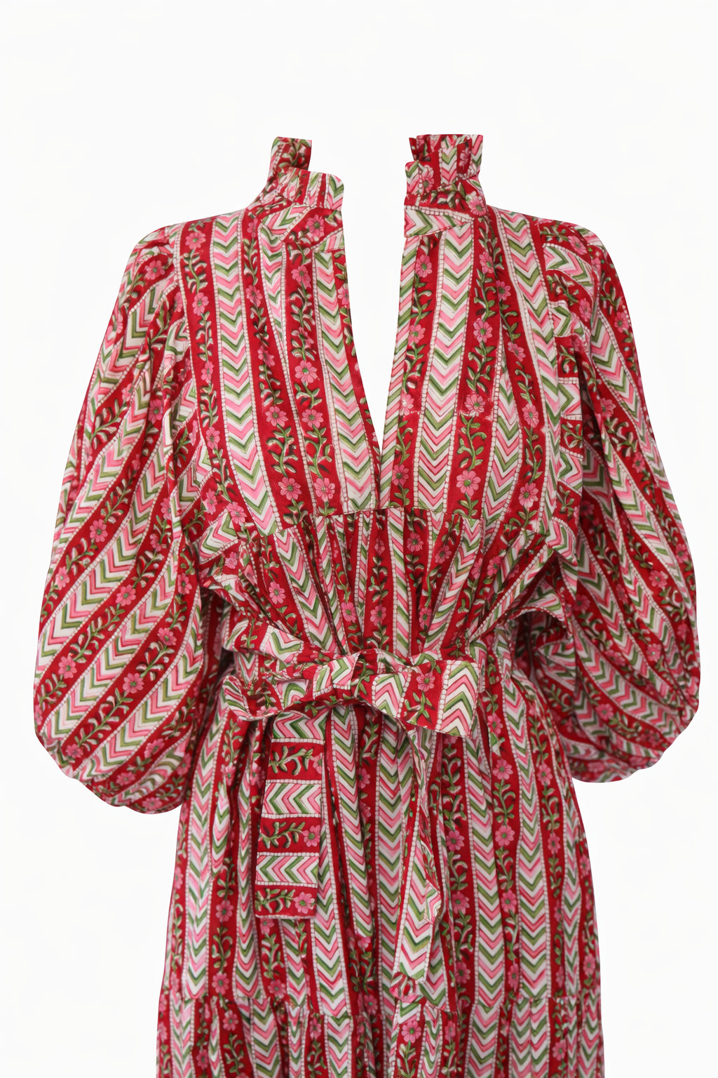 Pink, Red & Green Puff Sleeve House Dress, Maxi with Pockets