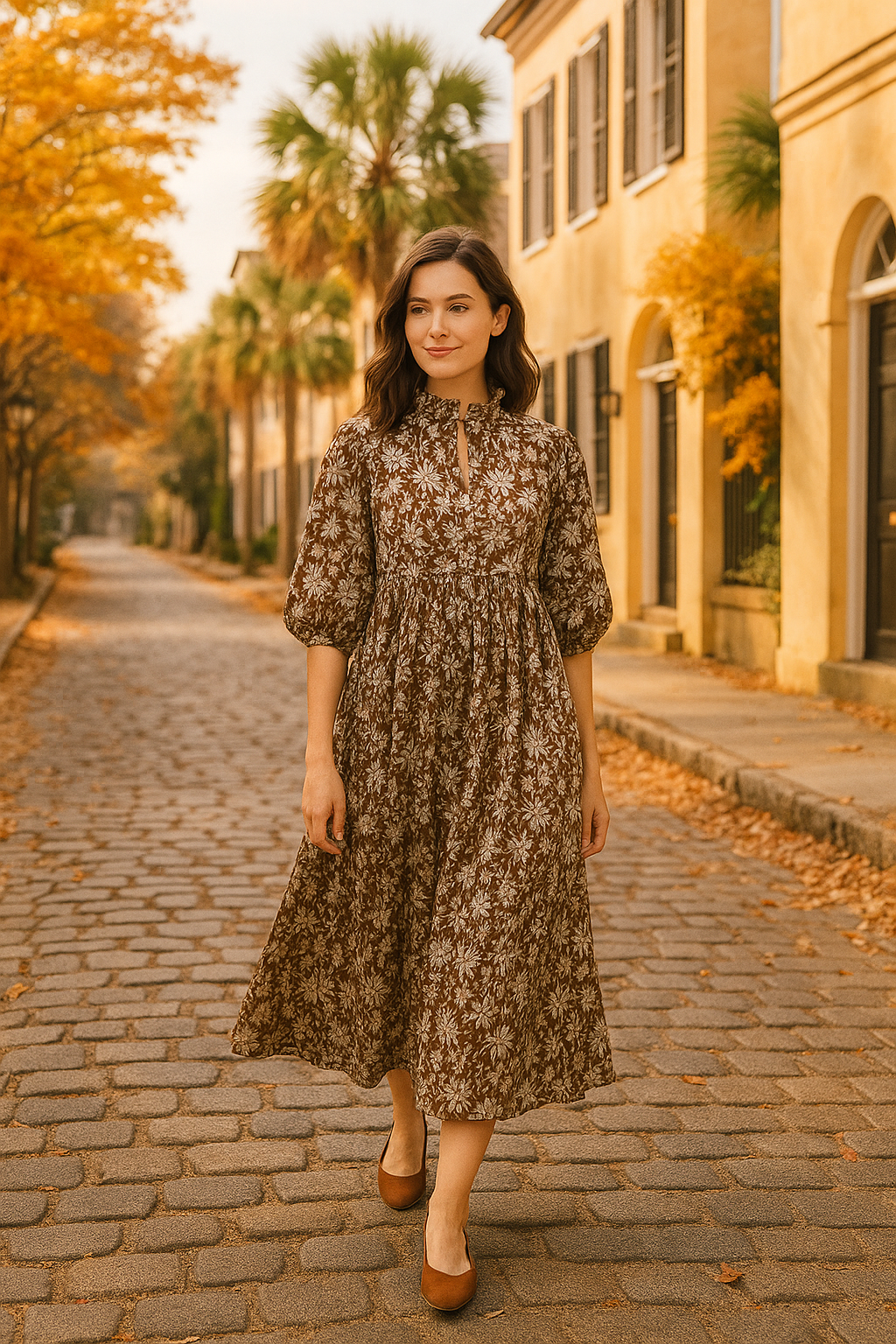 Brown & White Puff Sleeve House Dress, Maxi with Pockets