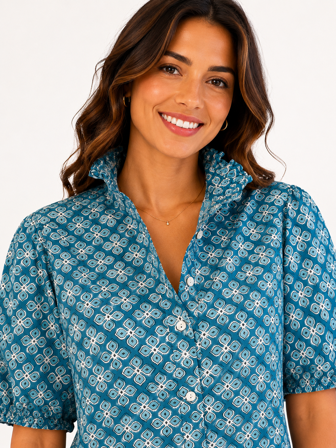 Isla Ruffle Puff Sleeve Blouse - Blue