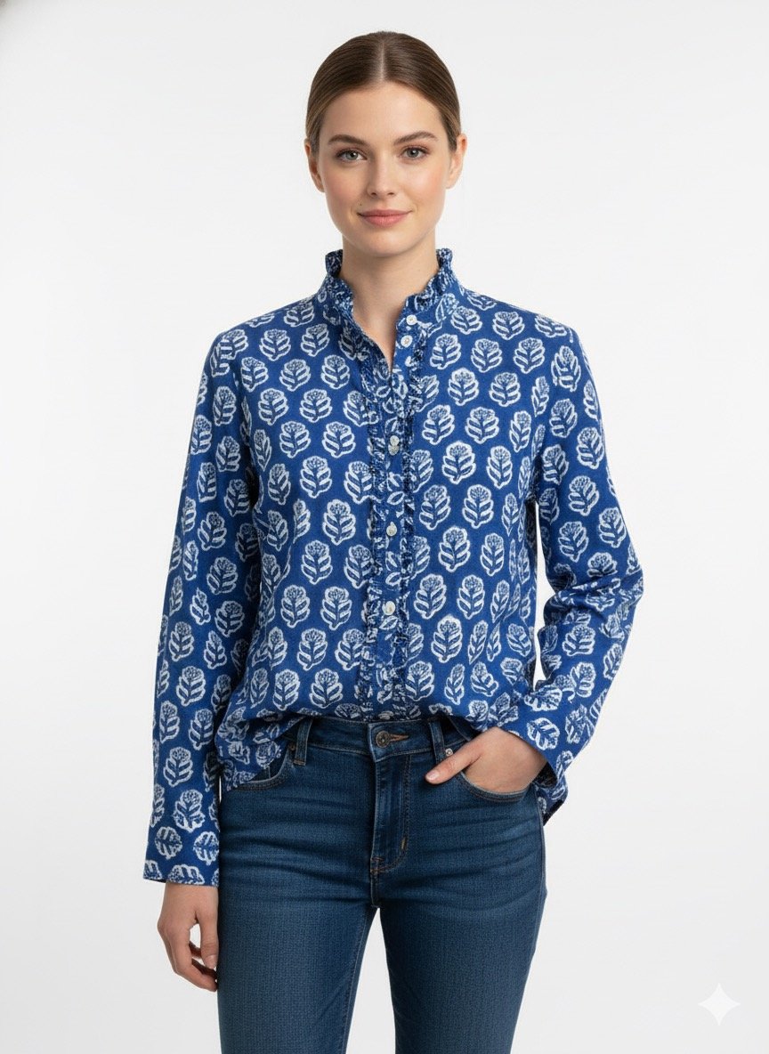 Blue & White Small Floral Block Print Ruffle Collared  Button Down Blouse - Women's