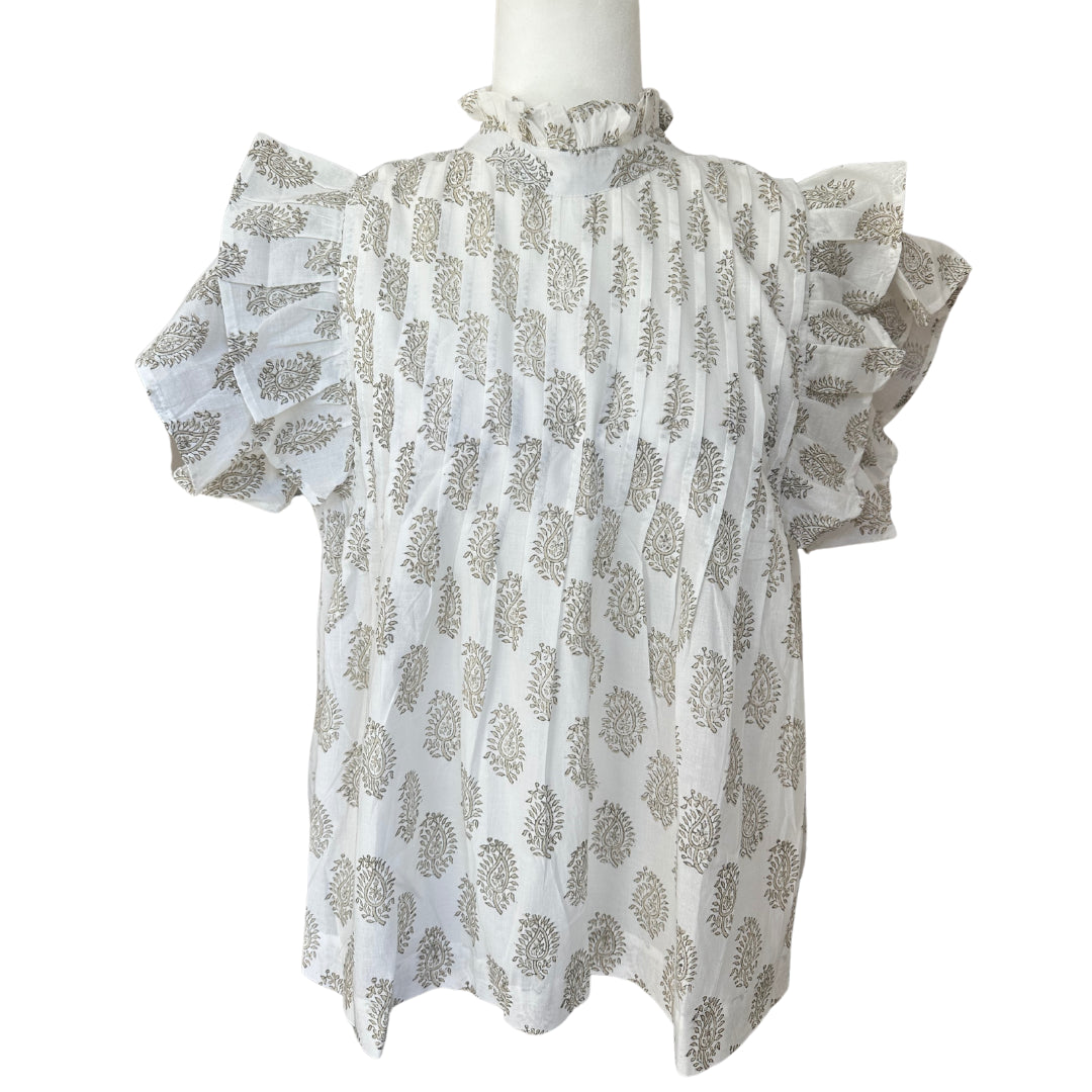 White & Brown Small Floral Pin-tuck Button Down Baby Doll Blouse Flutter Sleeve