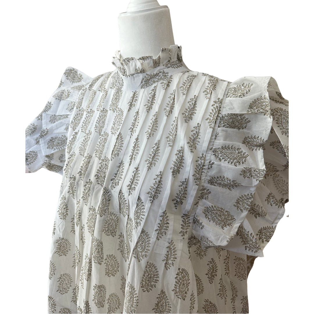 White & Brown Small Floral Pin-tuck Button Down Baby Doll Blouse Flutter Sleeve