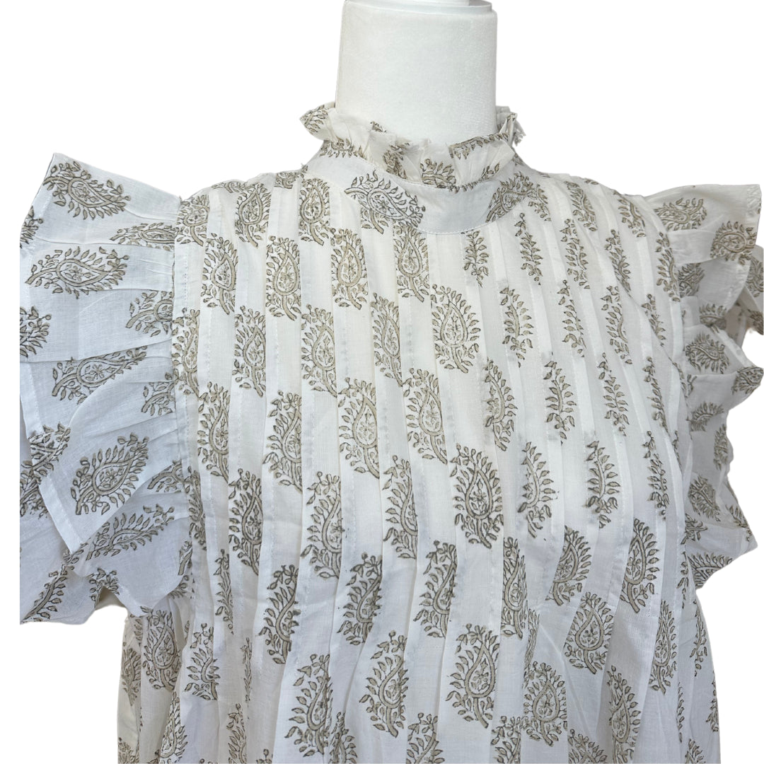 White & Brown Small Floral Pin-tuck Button Down Baby Doll Blouse Flutter Sleeve