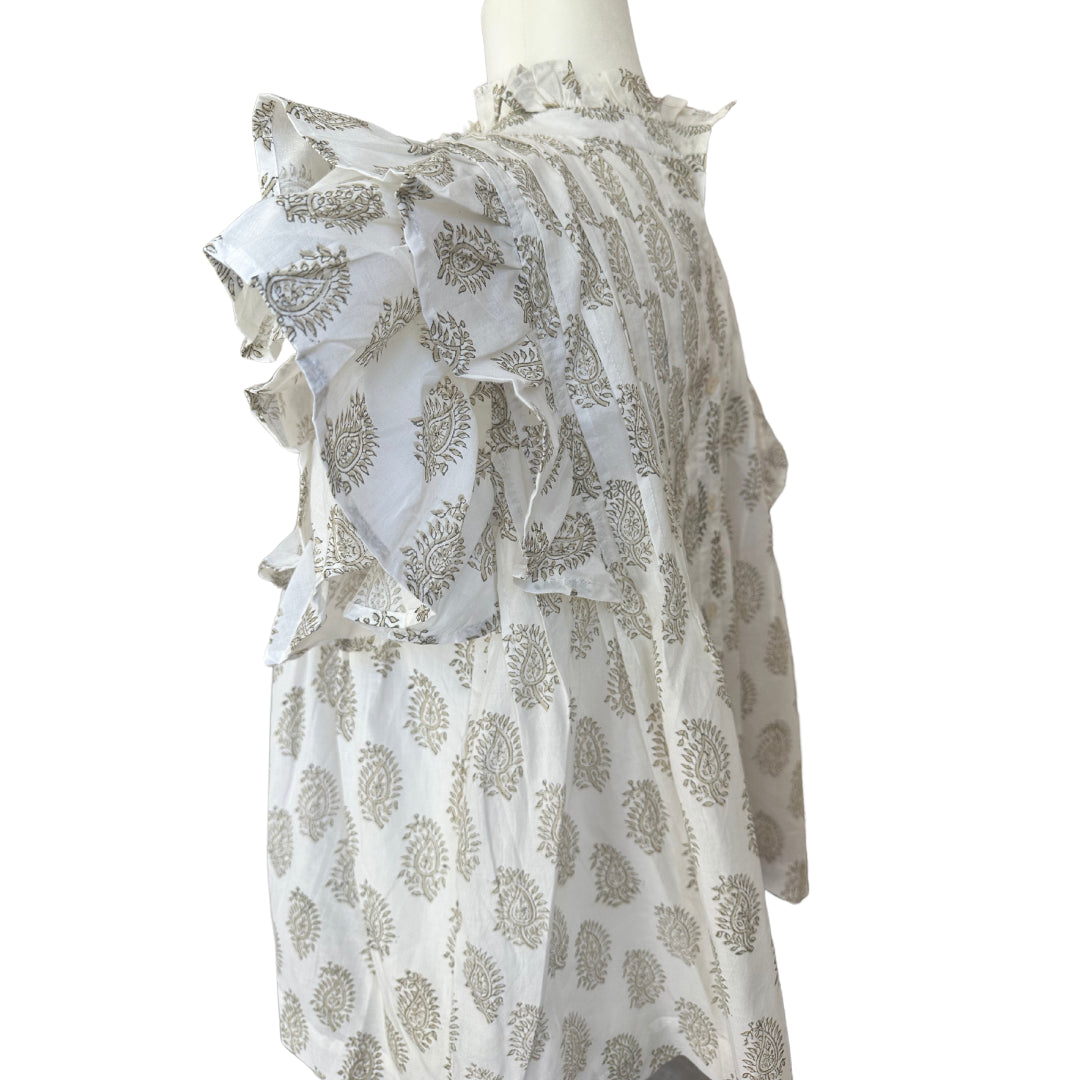 White & Brown Small Floral Pin-tuck Button Down Baby Doll Blouse Flutter Sleeve