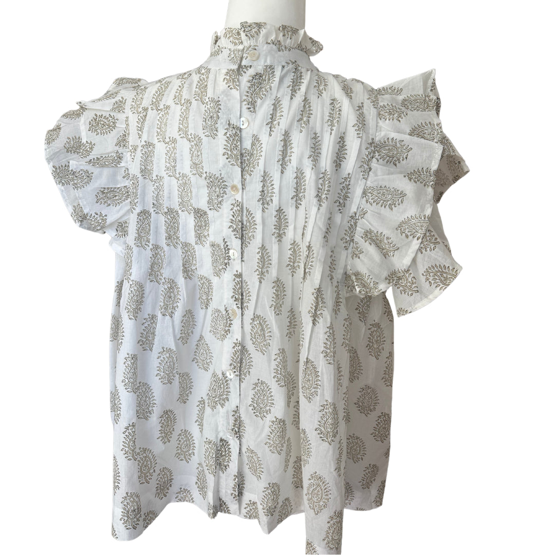 White & Brown Small Floral Pin-tuck Button Down Baby Doll Blouse Flutter Sleeve