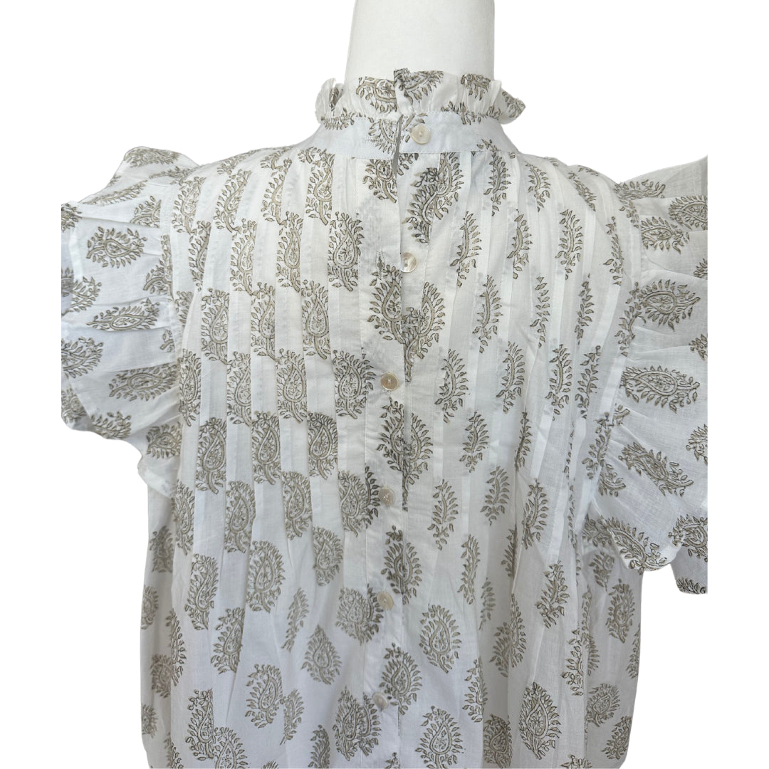 White & Brown Small Floral Pin-tuck Button Down Baby Doll Blouse Flutter Sleeve