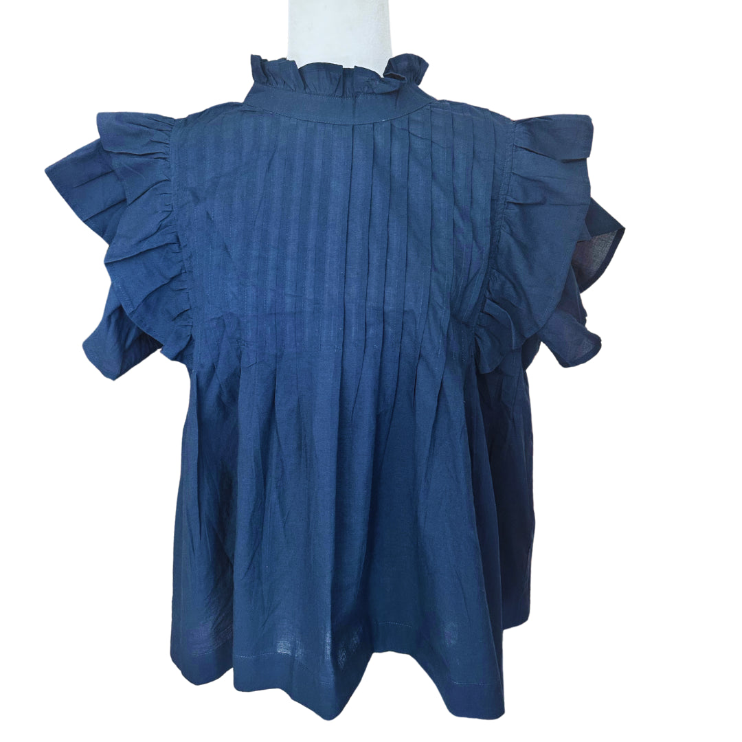 Navy Floral Pin-tuck Button Down Baby Doll Blouse Flutter Sleeve