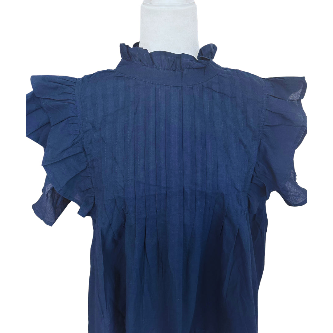 Navy Floral Pin-tuck Button Down Baby Doll Blouse Flutter Sleeve