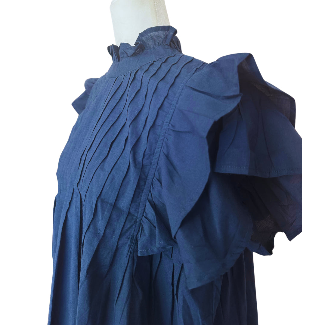 Navy Floral Pin-tuck Button Down Baby Doll Blouse Flutter Sleeve