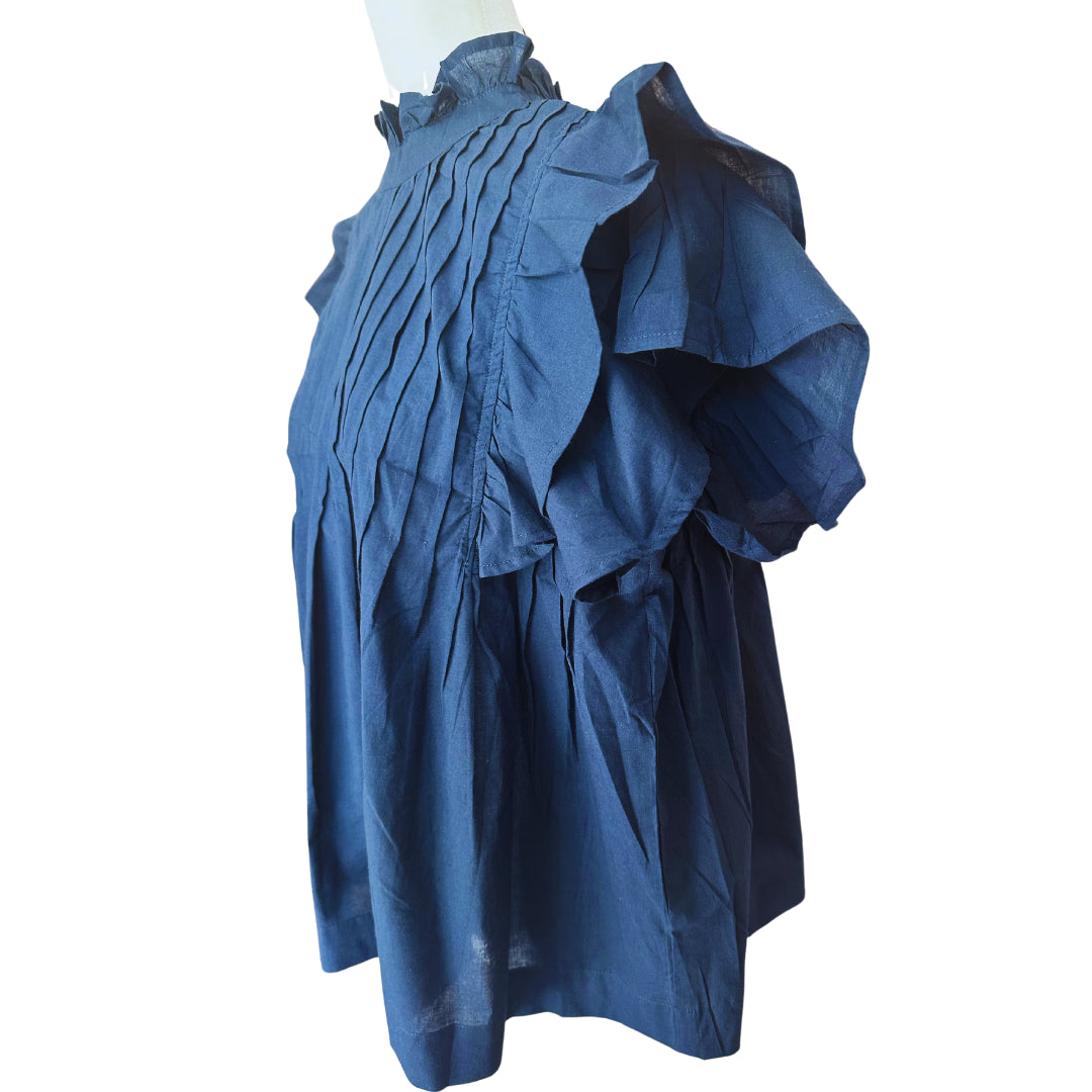 Navy Floral Pin-tuck Button Down Baby Doll Blouse Flutter Sleeve