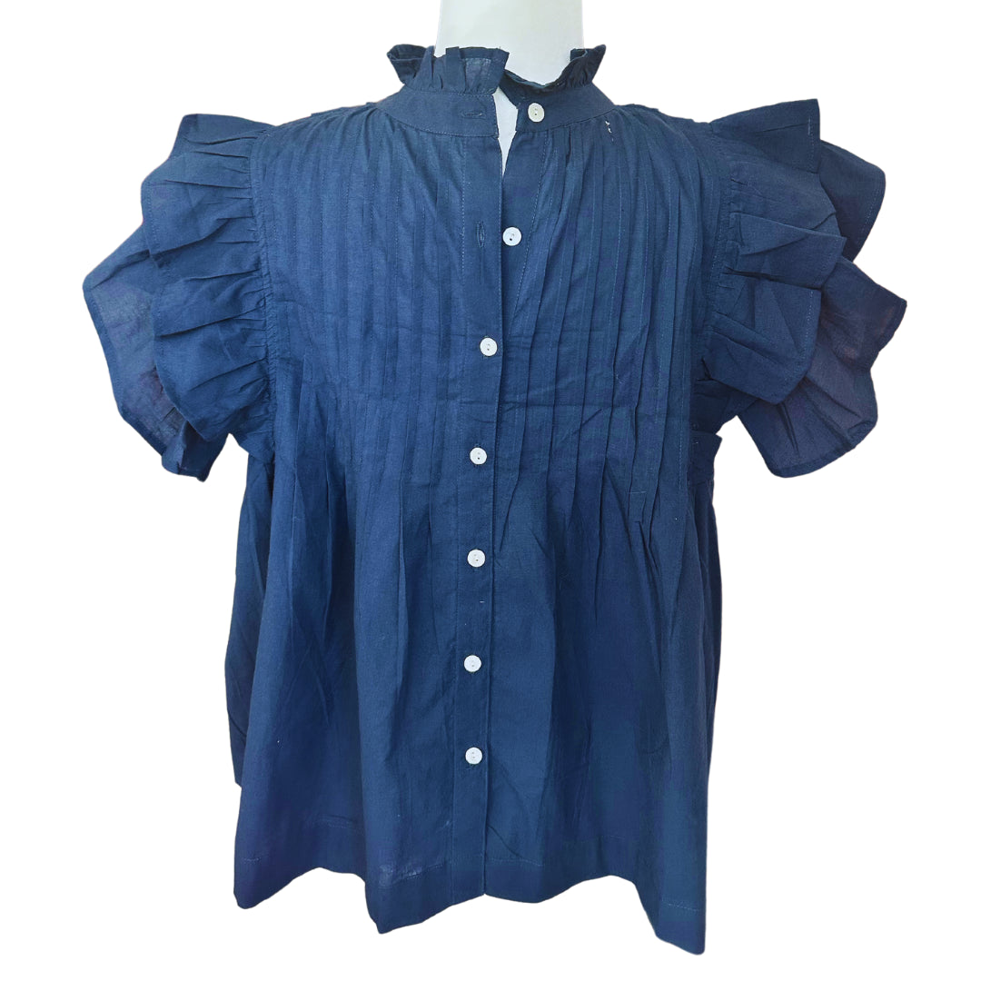 Navy Floral Pin-tuck Button Down Baby Doll Blouse Flutter Sleeve