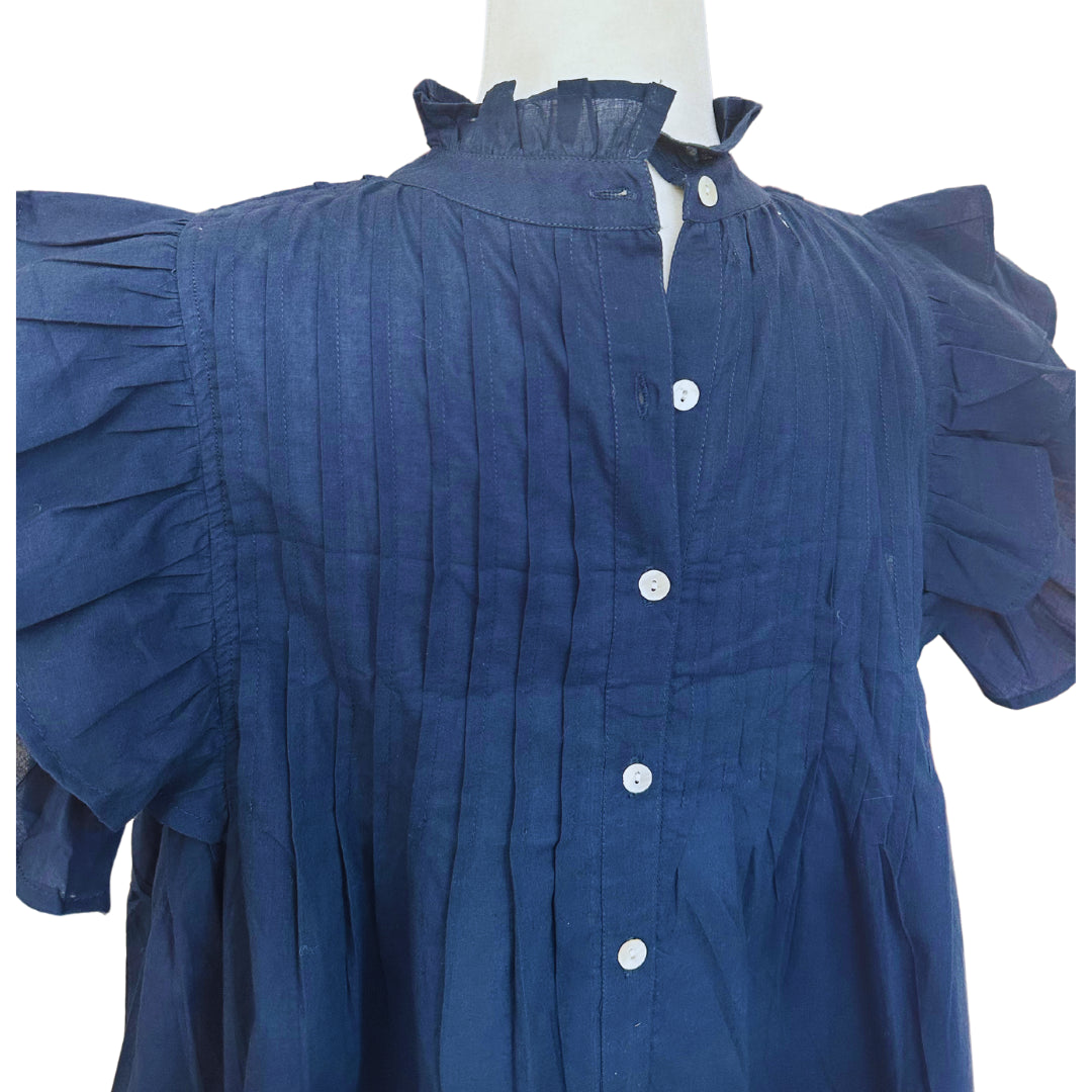Navy Floral Pin-tuck Button Down Baby Doll Blouse Flutter Sleeve