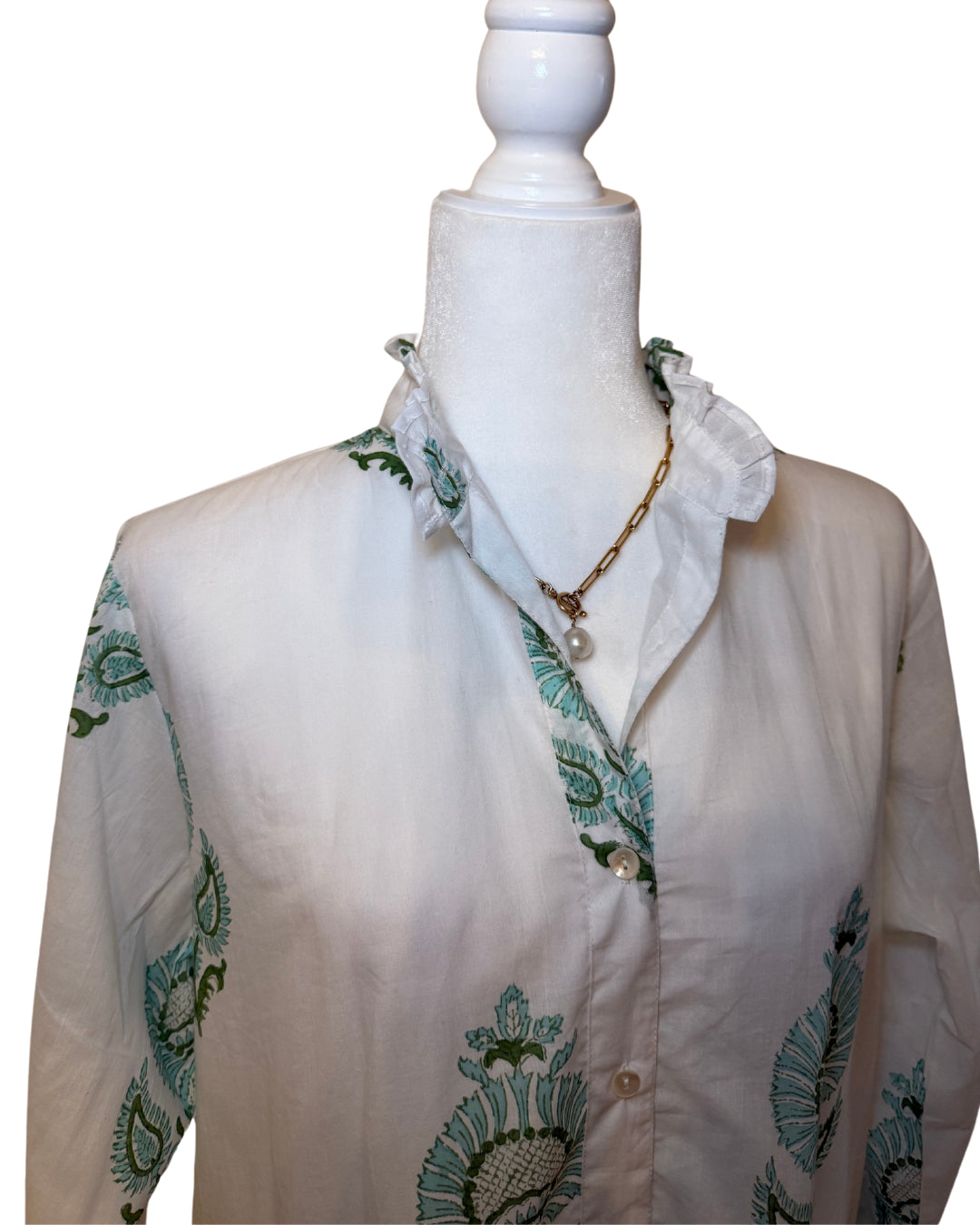 Big Green and Blue Floral Block Print Women's Button Up Ruffled Collared Blouse