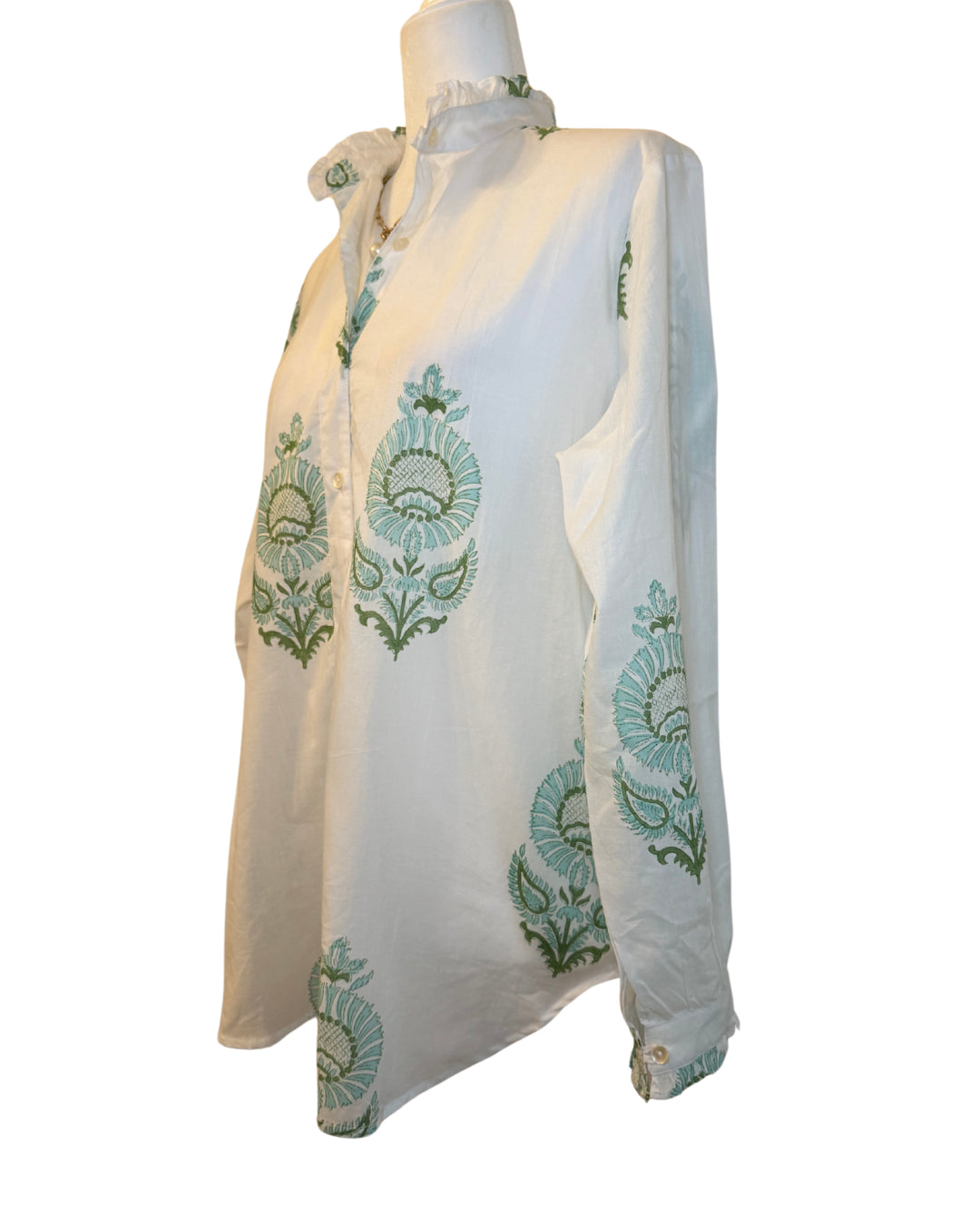 Big Green and Blue Floral Block Print Women's Button Up Ruffled Collared Blouse