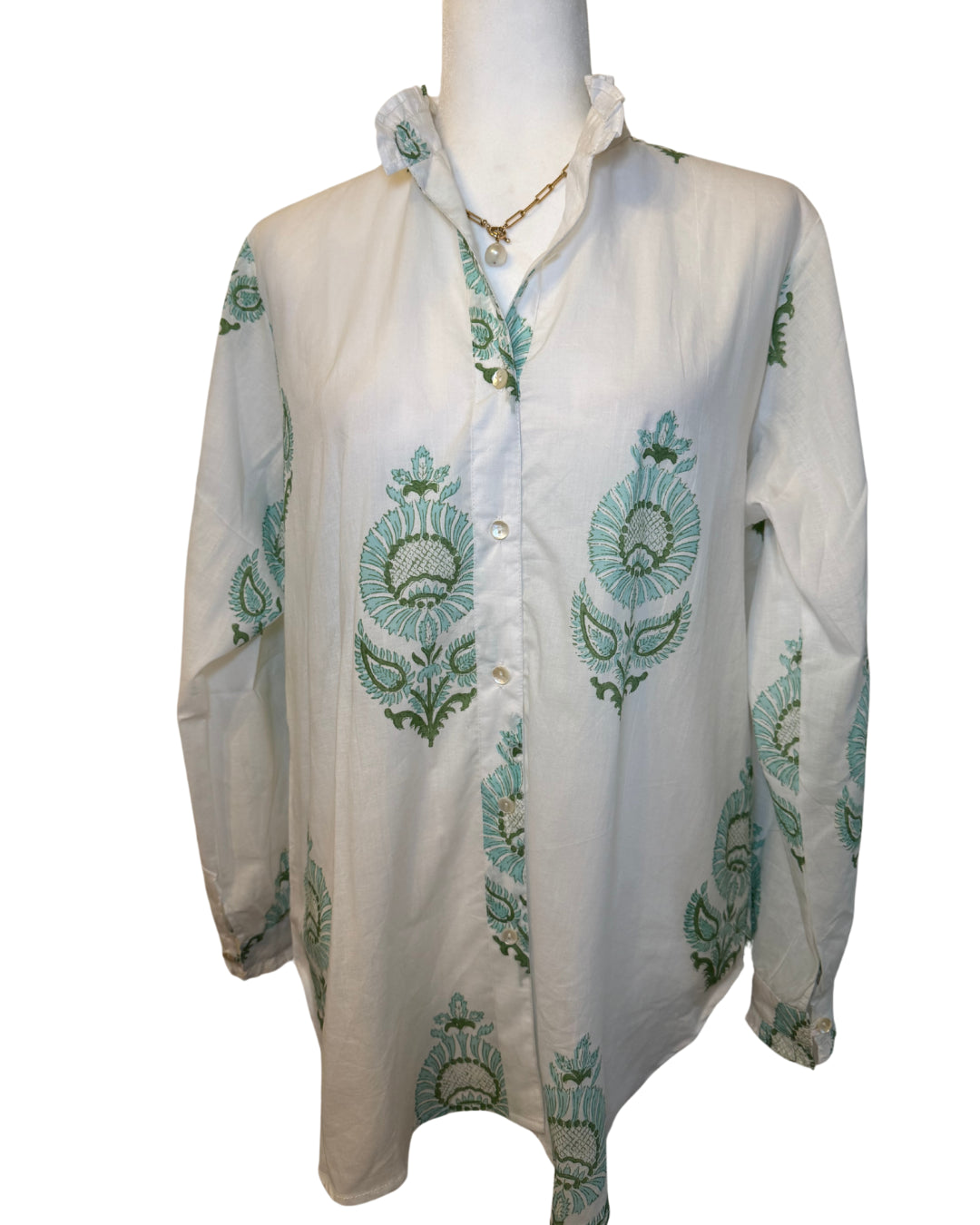 Big Green and Blue Floral Block Print Women's Button Up Ruffled Collared Blouse
