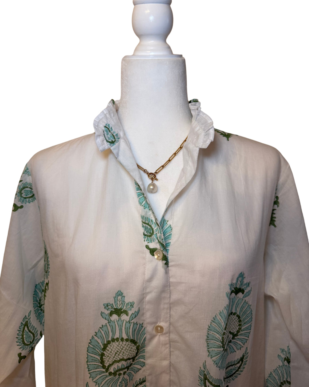 Big Green and Blue Floral Block Print Women's Button Up Ruffled Collared Blouse
