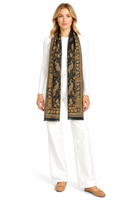 Black & Gold Paisley Cashmere Scarf styled on model