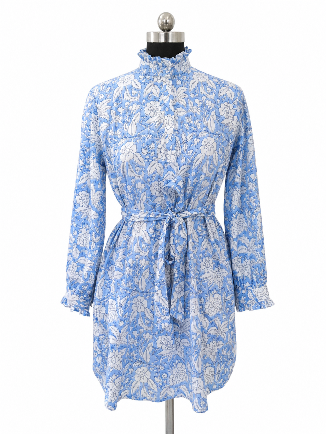The Classic Every Day Ruffle Shirt Dress w Optional Belt - Blue Floral