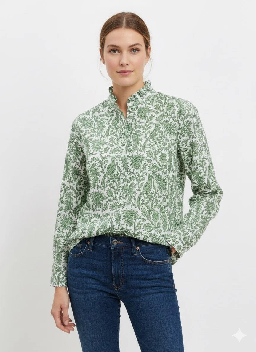 Peacock Block Print Women's Button Up Ruffled Collared Blouse