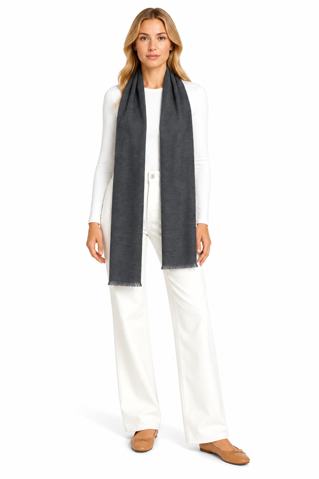 Charcoal Blue Cashmere Scarf styled on model