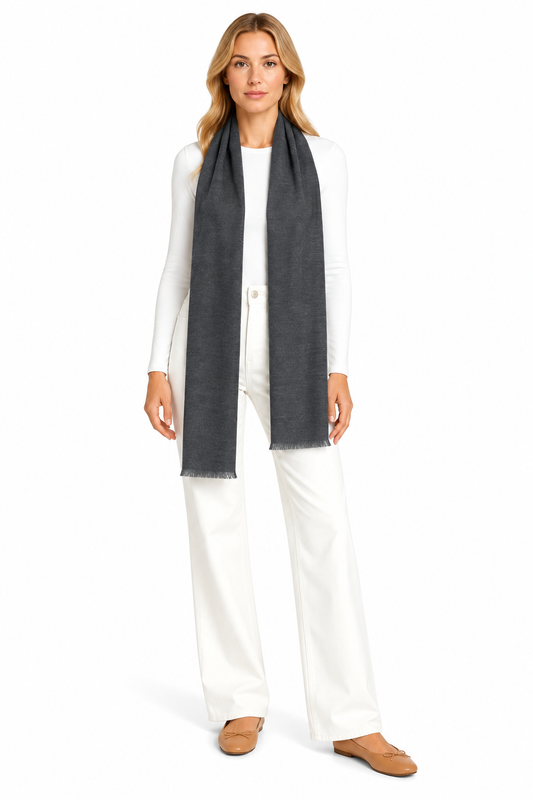 Charcoal Blue Cashmere Scarf styled on model