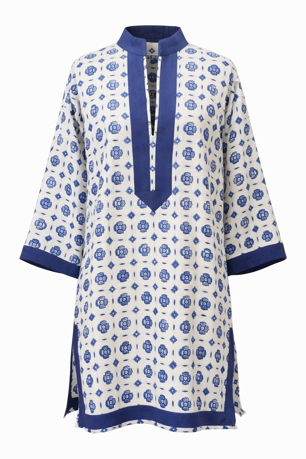 PRE - ORDER ~ Double Gauze Block Print Caftan - Blue & White Geometric Print