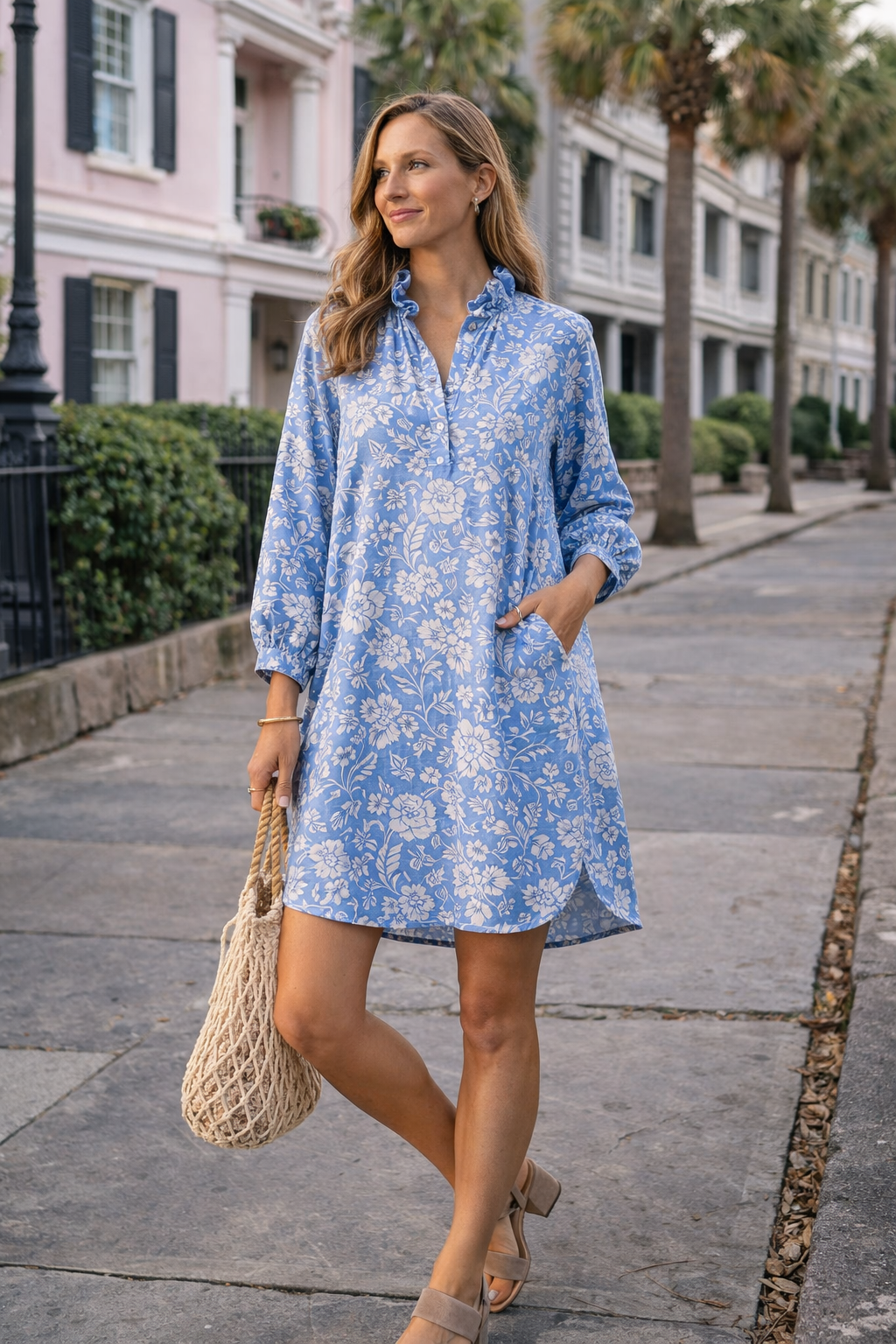 The Classic Every Day Ruffle Shirt Dress w Optional Belt - Blue Floral