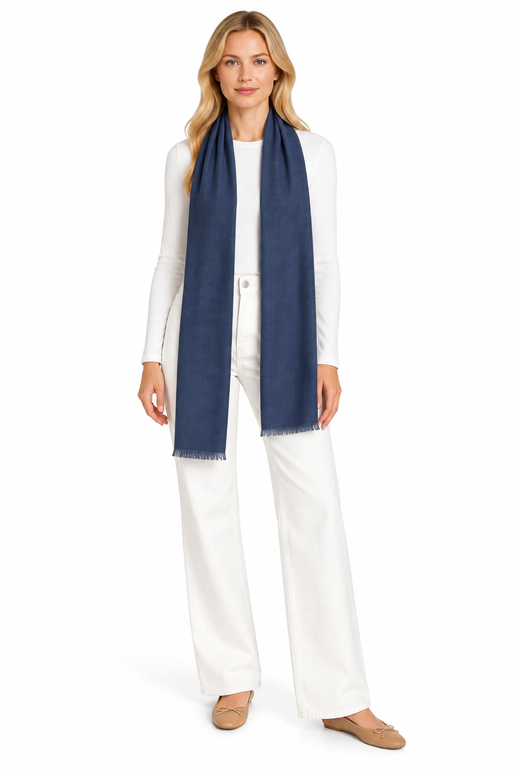Deep Navy Cashmere Scarf styled on model