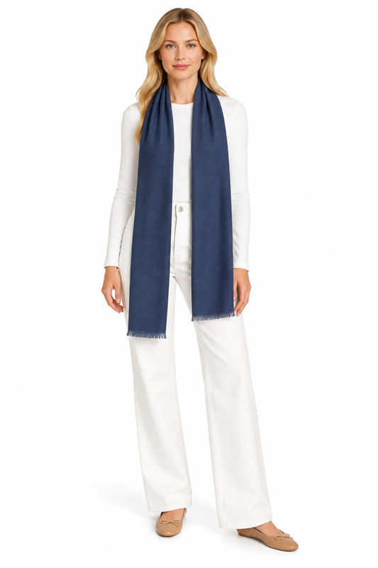 Deep Navy Cashmere Scarf styled on model