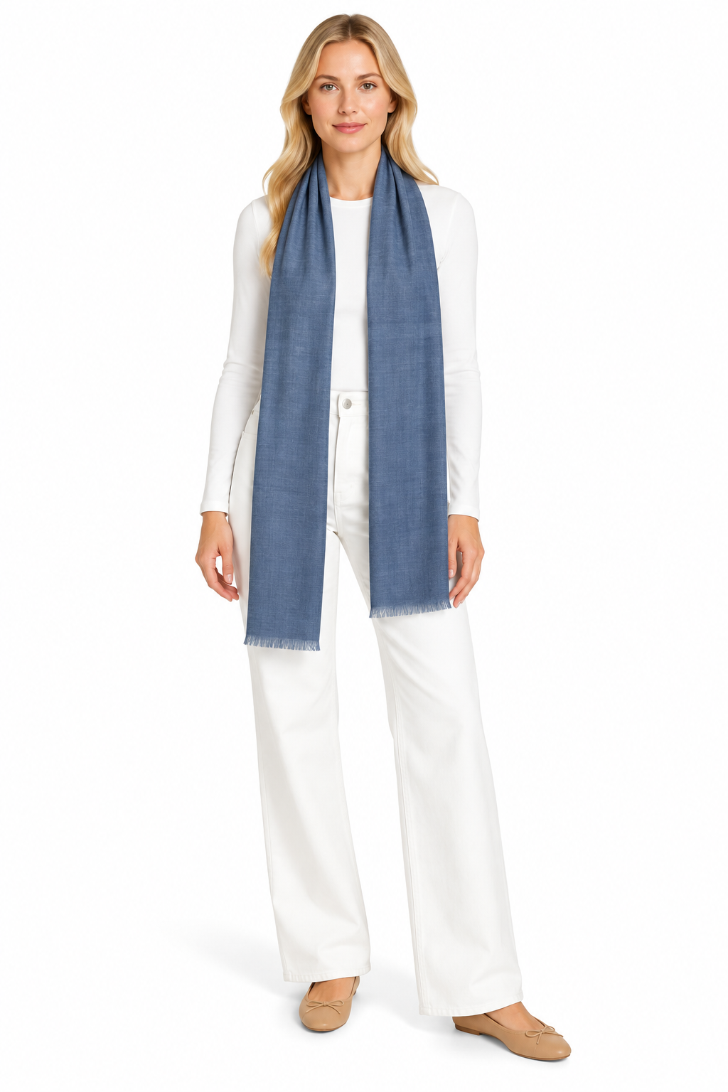 Dusty Blue Cashmere Scarf styled on model